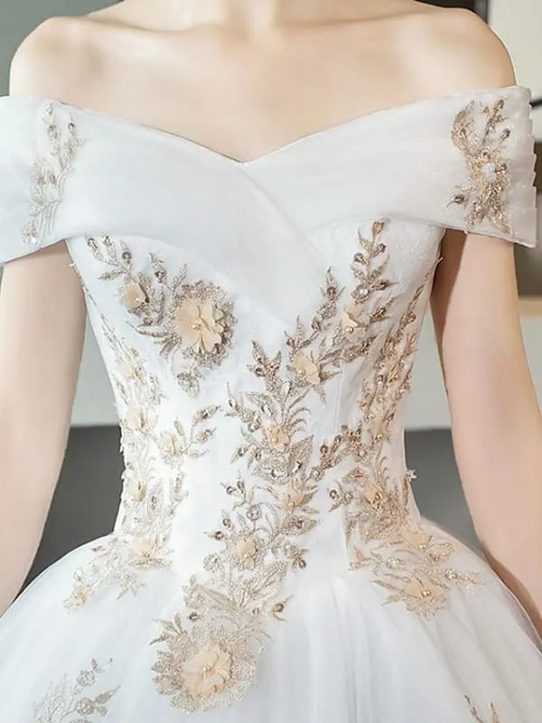 A-Line Wedding Dresses Off Shoulder Cathedral Train Lace Short Sleeve