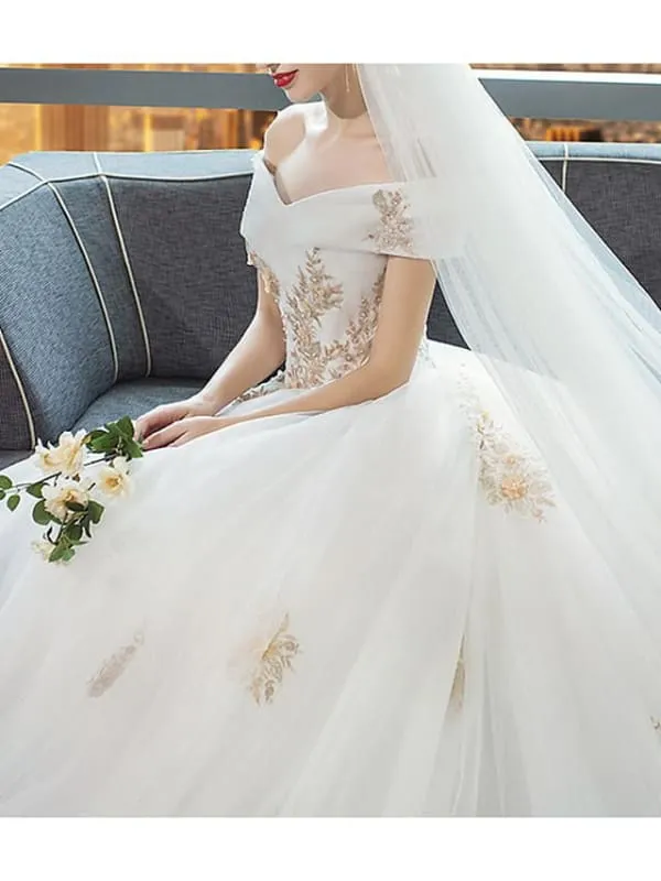 A-Line Wedding Dresses Off Shoulder Cathedral Train Lace Short Sleeve