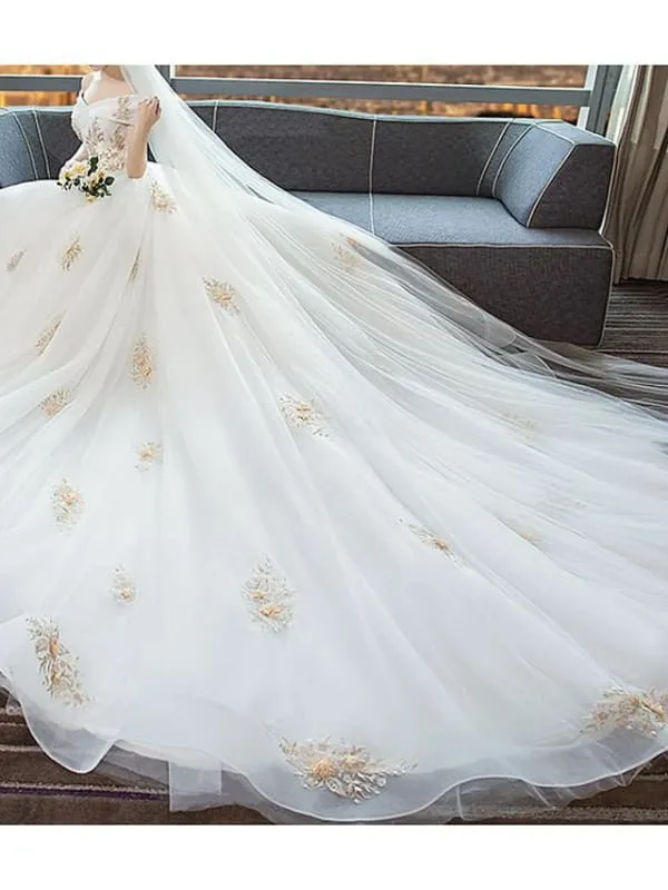 A-Line Wedding Dresses Off Shoulder Cathedral Train Lace Short Sleeve