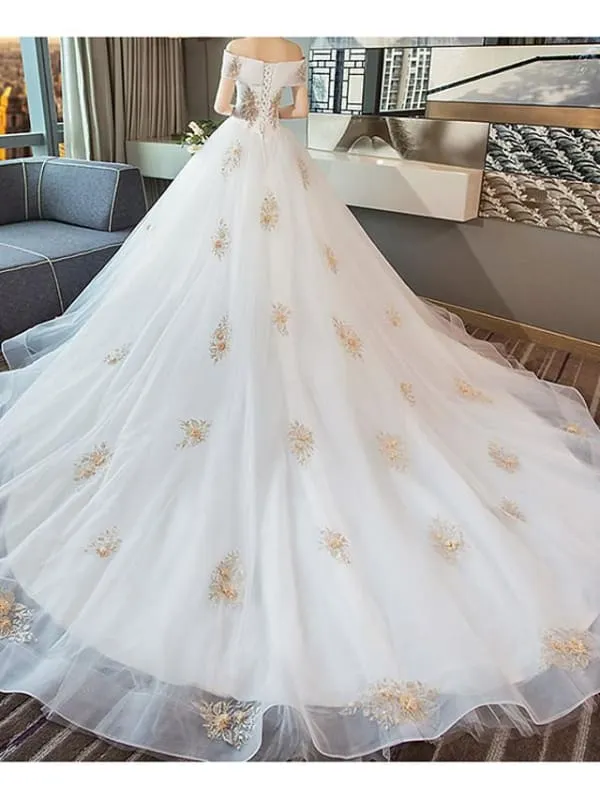 A-Line Wedding Dresses Off Shoulder Cathedral Train Lace Short Sleeve