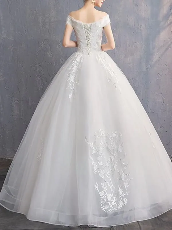 A-Line Wedding Dresses Off Shoulder Floor Length Tulle Cap Sleeve