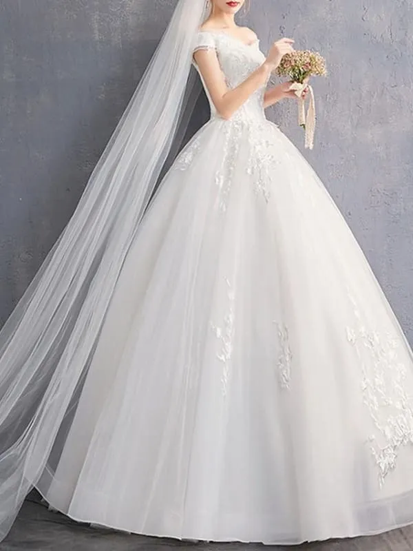 A-Line Wedding Dresses Off Shoulder Floor Length Tulle Cap Sleeve