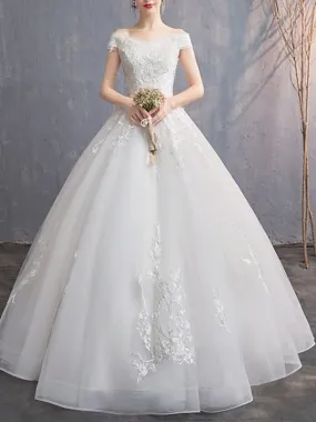A-Line Wedding Dresses Off Shoulder Floor Length Tulle Cap Sleeve