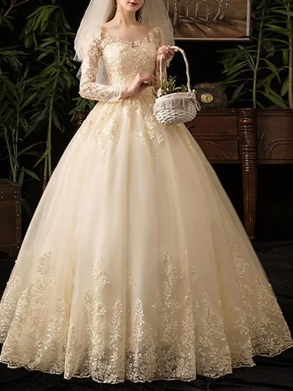 A-Line Wedding Dresses Scoop Neck Floor Length Lace Long Sleeve Glamorous See-Through Illusion Sleeve