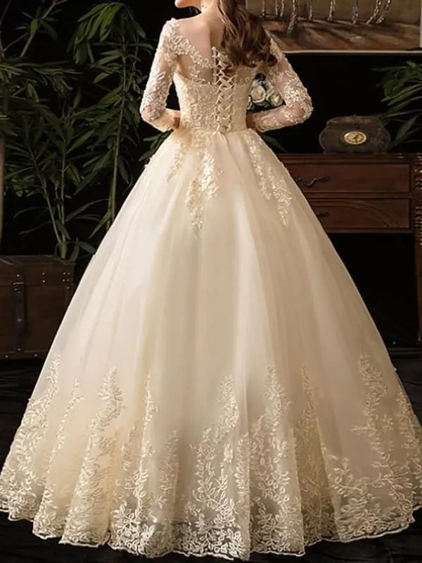 A-Line Wedding Dresses Scoop Neck Floor Length Lace Long Sleeve Glamorous See-Through Illusion Sleeve