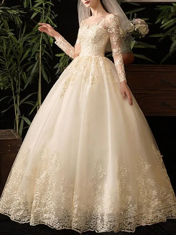 A-Line Wedding Dresses Scoop Neck Floor Length Lace Long Sleeve Glamorous See-Through Illusion Sleeve