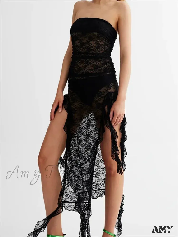 Amy Fashion - Sexy Women Lace Tube Strapless Off Shoulder Backless See Through Irregular Hem Split Tassels Clubwear New