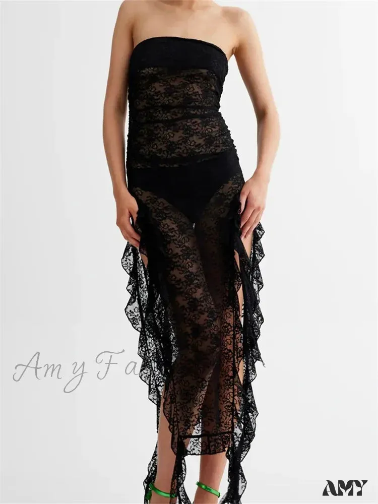 Amy Fashion - Sexy Women Lace Tube Strapless Off Shoulder Backless See Through Irregular Hem Split Tassels Clubwear New