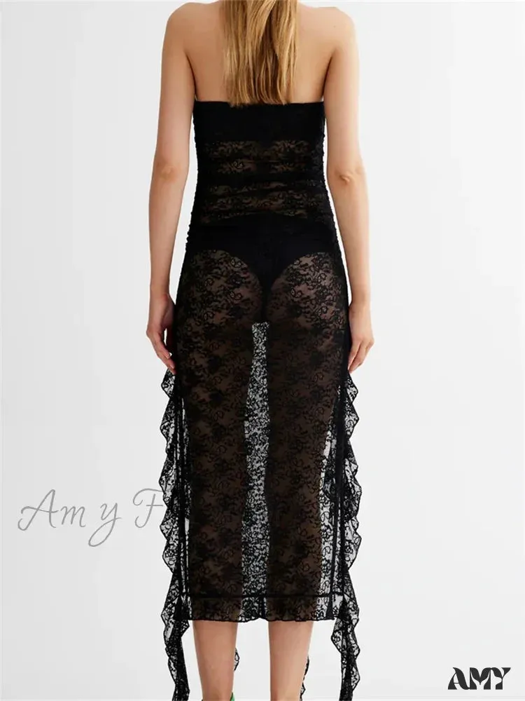 Amy Fashion - Sexy Women Lace Tube Strapless Off Shoulder Backless See Through Irregular Hem Split Tassels Clubwear New