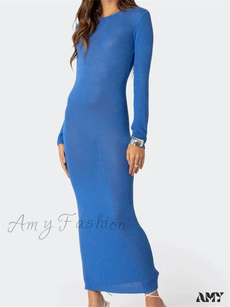 Amy Fashion - Sexy Women Summer Autumn Party  Solid Round Neck  Sleeve Backless Knitted Female Vestido Clubwear