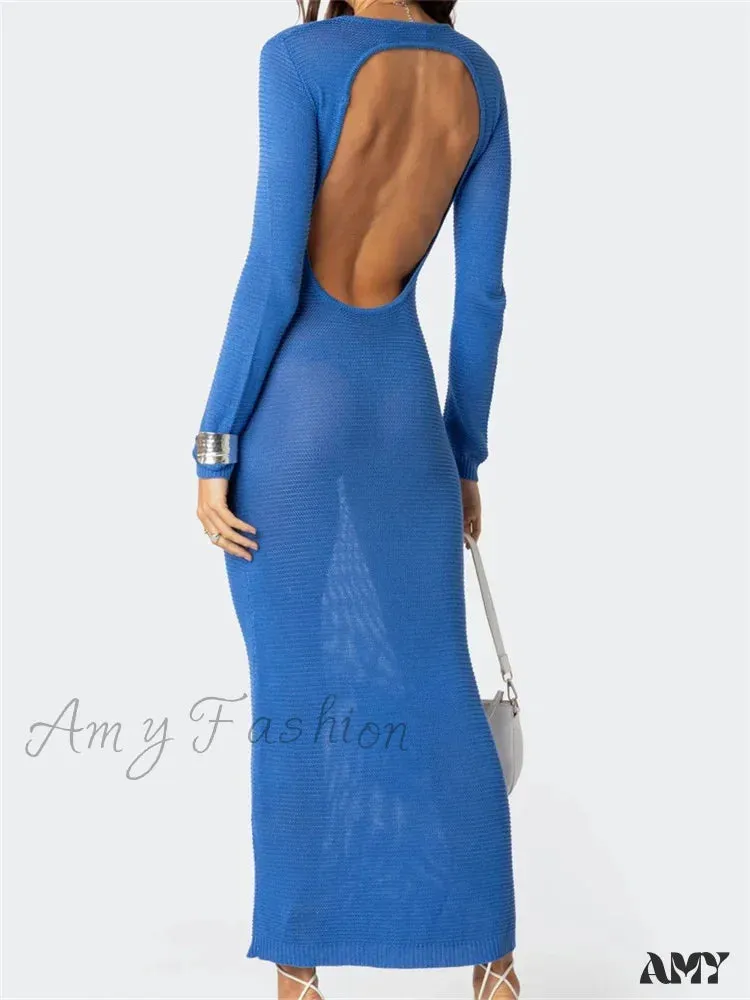 Amy Fashion - Sexy Women Summer Autumn Party  Solid Round Neck  Sleeve Backless Knitted Female Vestido Clubwear