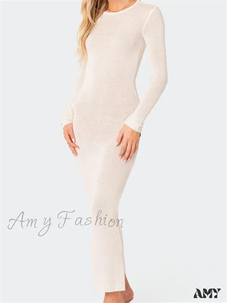 Amy Fashion - Sexy Women Summer Autumn Party  Solid Round Neck  Sleeve Backless Knitted Female Vestido Clubwear