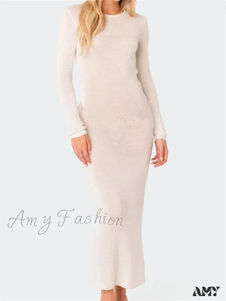 Amy Fashion - Sexy Women Summer Autumn Party  Solid Round Neck  Sleeve Backless Knitted Female Vestido Clubwear