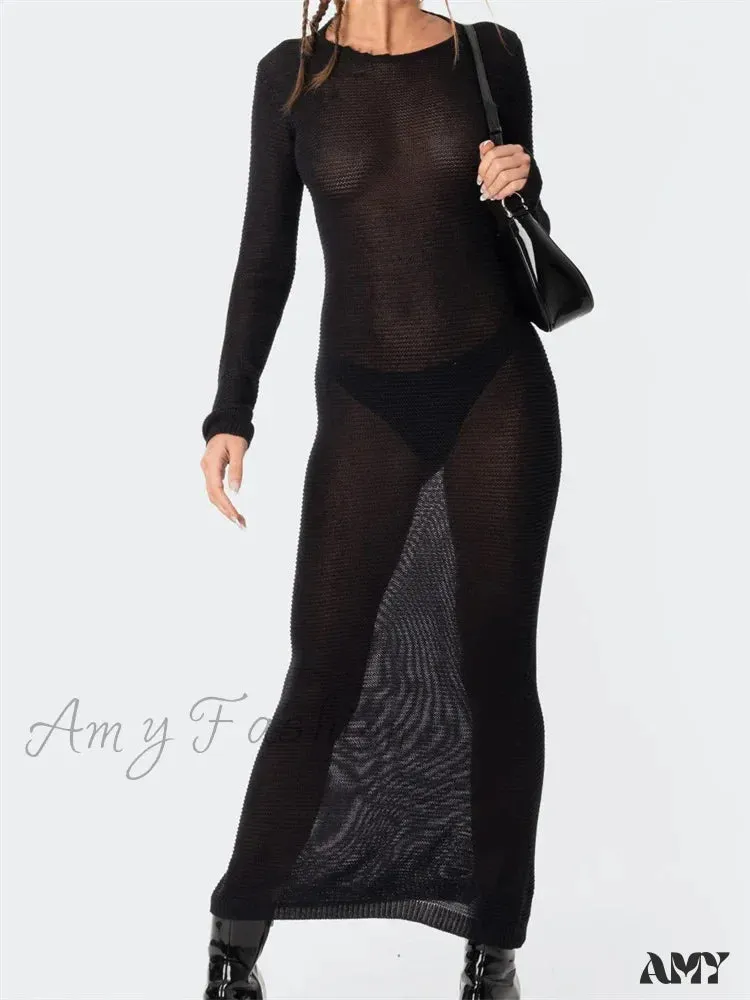 Amy Fashion - Sexy Women Summer Autumn Party  Solid Round Neck  Sleeve Backless Knitted Female Vestido Clubwear
