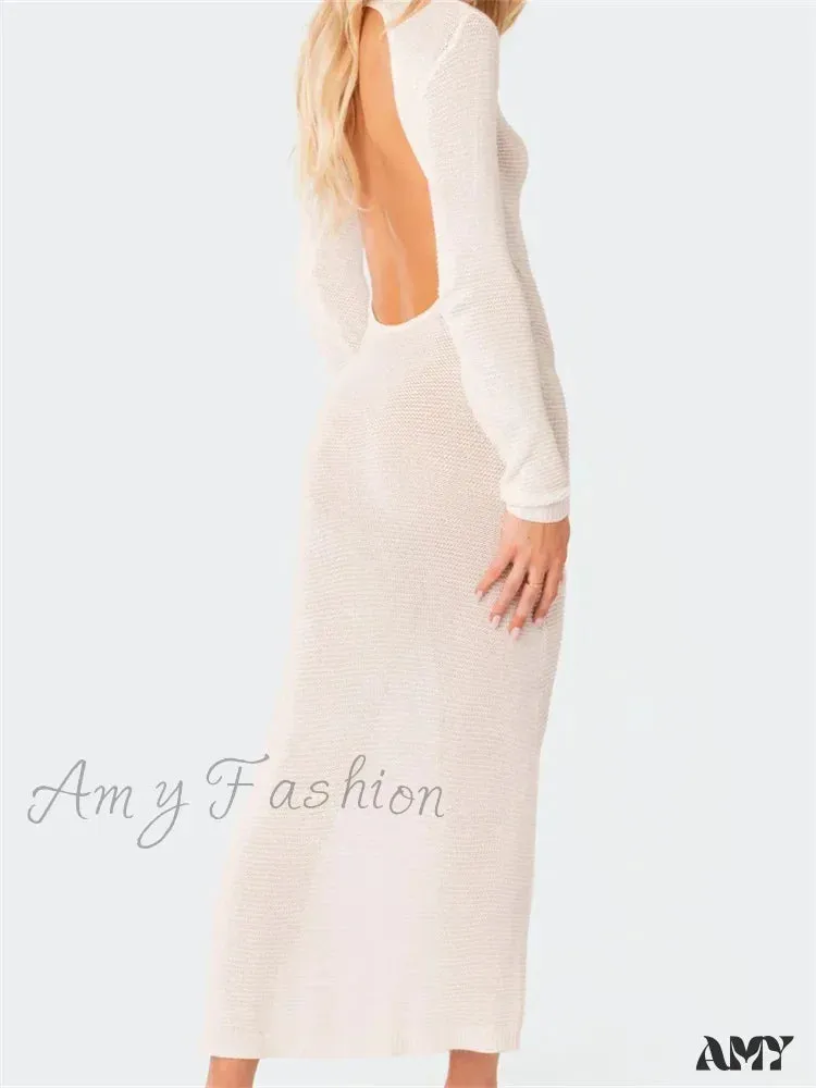 Amy Fashion - Sexy Women Summer Autumn Party  Solid Round Neck  Sleeve Backless Knitted Female Vestido Clubwear