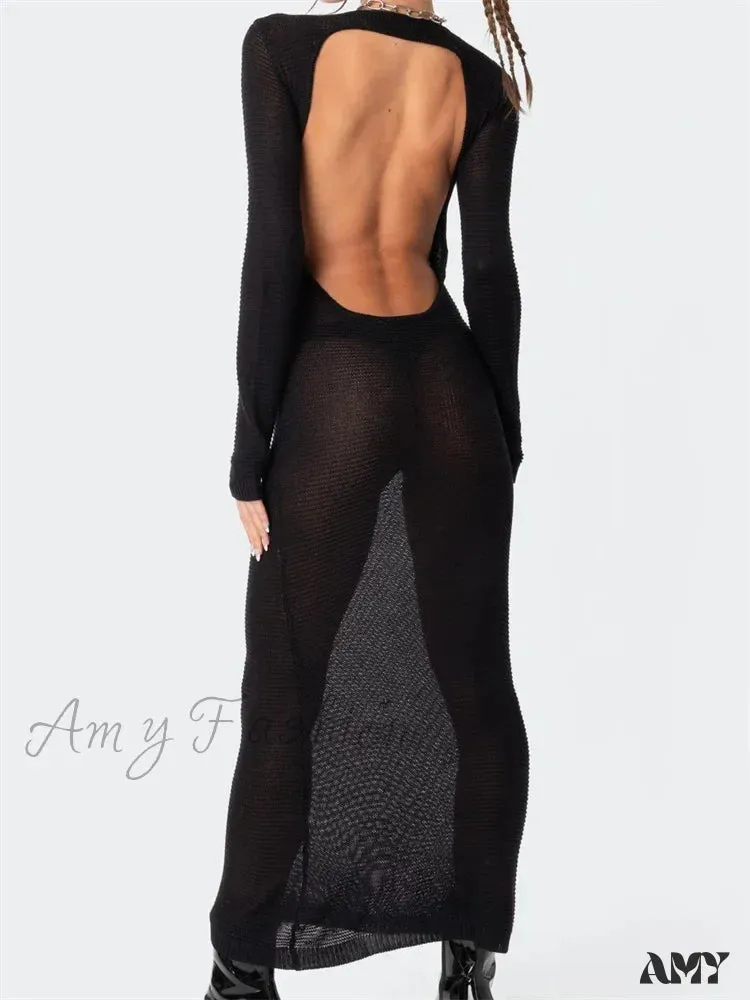 Amy Fashion - Sexy Women Summer Autumn Party  Solid Round Neck  Sleeve Backless Knitted Female Vestido Clubwear