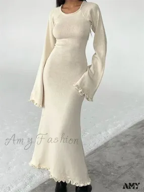Amy Fashion - Women Knitted   Flare Sleeve Backless Tie-up Round Neck Solid Color Ruffles Hem Beachwear Vestido