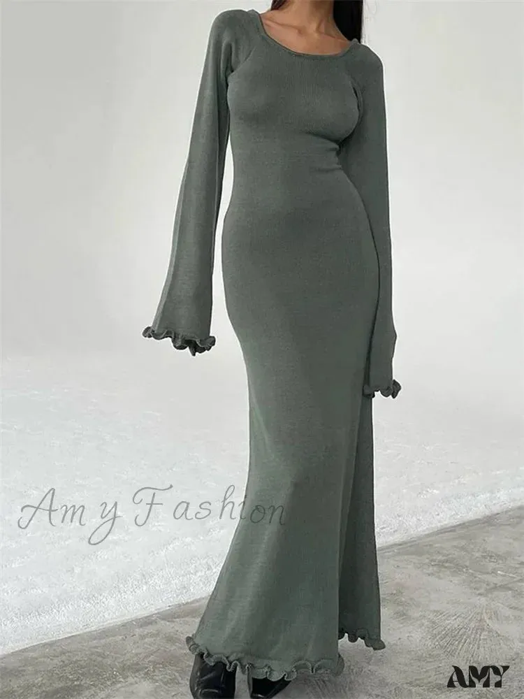 Amy Fashion - Women Knitted   Flare Sleeve Backless Tie-up Round Neck Solid Color Ruffles Hem Beachwear Vestido