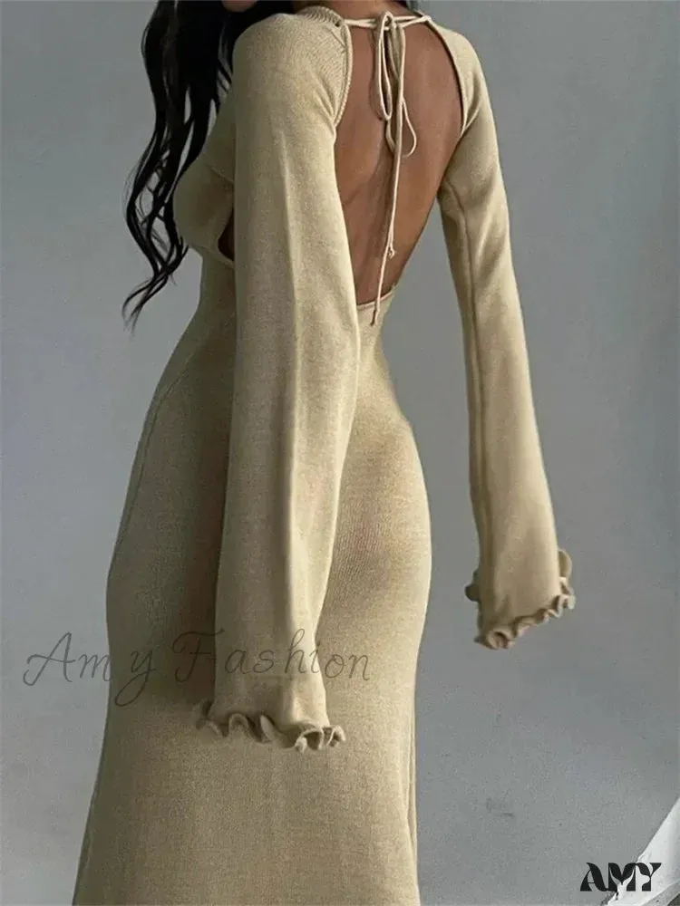 Amy Fashion - Women Knitted   Flare Sleeve Backless Tie-up Round Neck Solid Color Ruffles Hem Beachwear Vestido