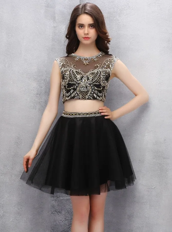 Black Homecoming Dresses,Two Piece Homecoming Dress,Backless Homecoming Dress,HC00112