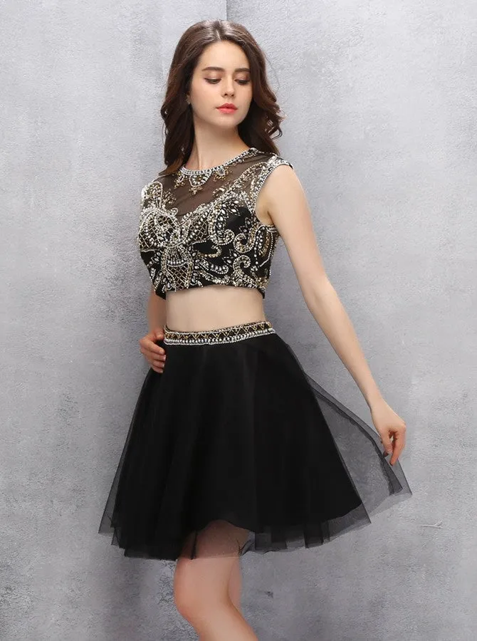 Black Homecoming Dresses,Two Piece Homecoming Dress,Backless Homecoming Dress,HC00112