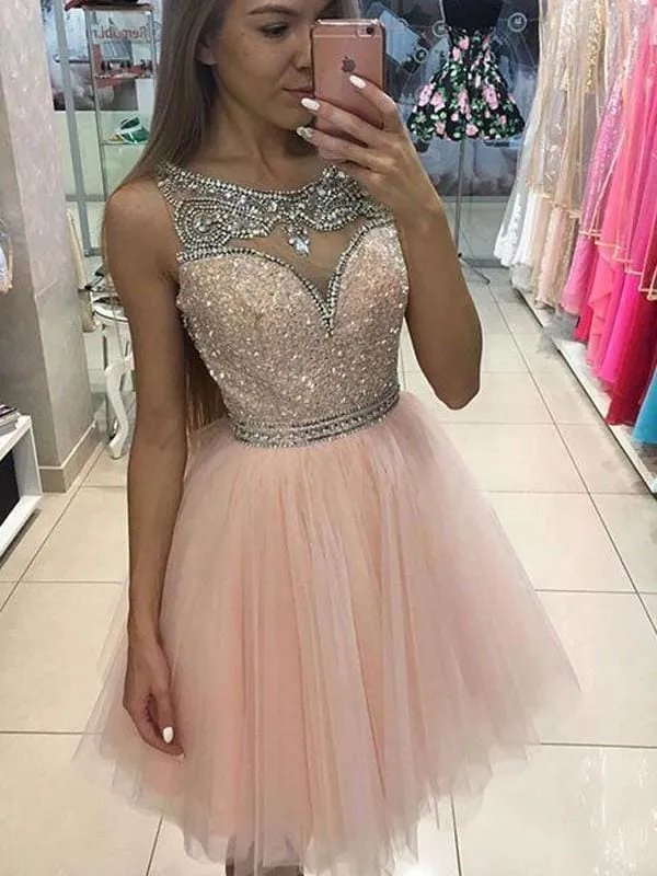 Bridelily A-Line Tulle Scoop Sleeveless Mini With Beading Prom Dresses