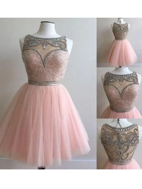 Bridelily A-Line Tulle Scoop Sleeveless Mini With Beading Prom Dresses