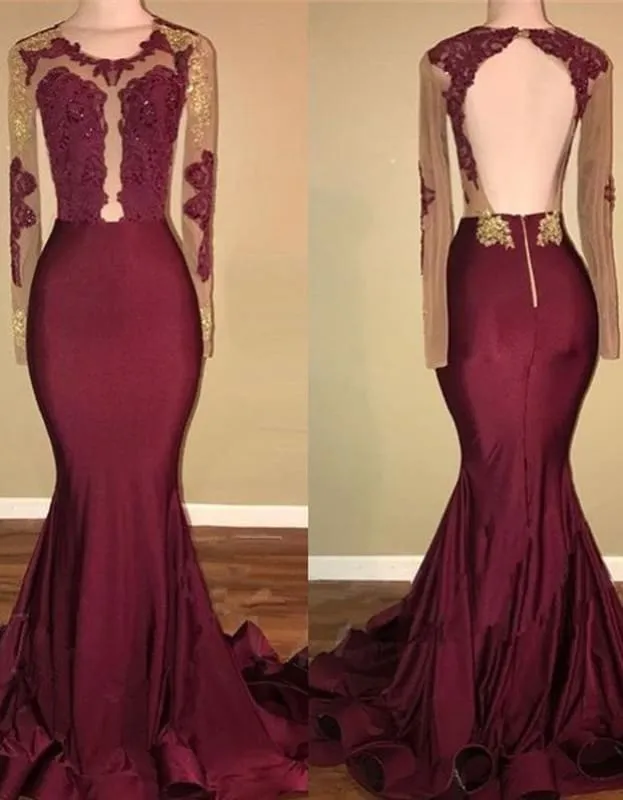 Bridelily Amazing Burgundy Gold Prom Dresses | Sexy Open Back Mermaid Evening Gowns