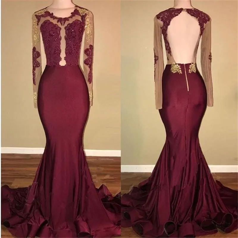 Bridelily Amazing Burgundy Gold Prom Dresses | Sexy Open Back Mermaid Evening Gowns