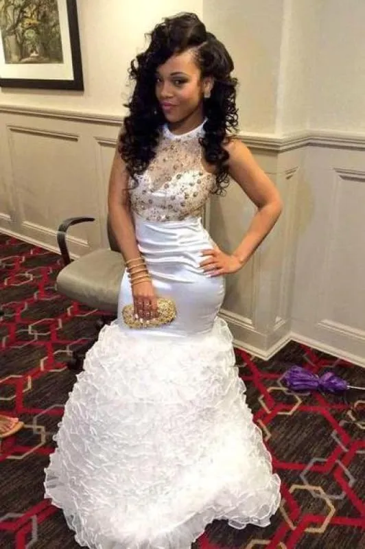 Bridelily New Arrival Sexy Mermaid Prom Dress Tiered Crystal White 2019 Evening Gown