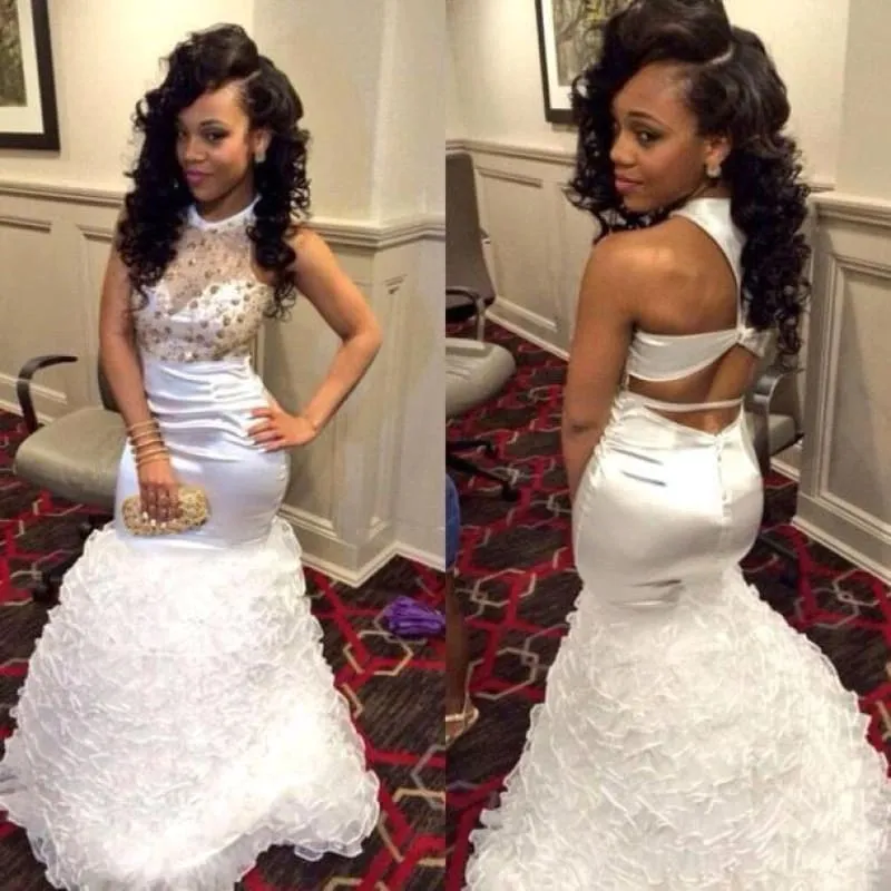 Bridelily New Arrival Sexy Mermaid Prom Dress Tiered Crystal White 2019 Evening Gown