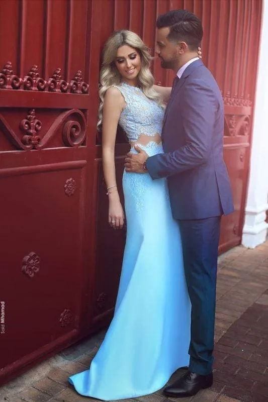Bridelily New Arrival Two Pieces Mermaid Lace Applqiues Prom Dresses Sleeveless