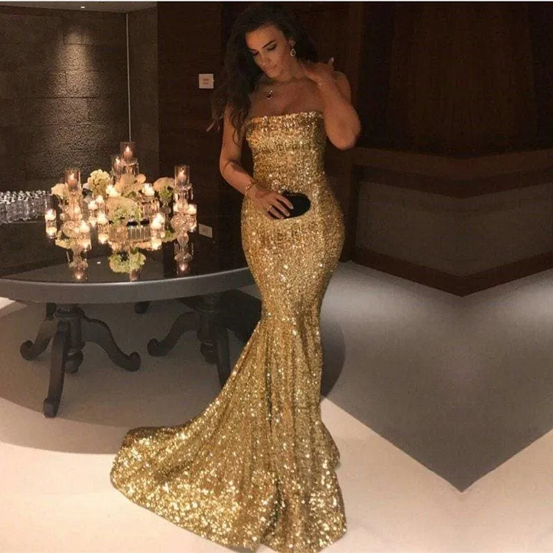 Bridelily Sparkle Gold Sequins Mermaid Evening Gowns Cheap Sexy Strapless Prom Dresses 2019 FB0164