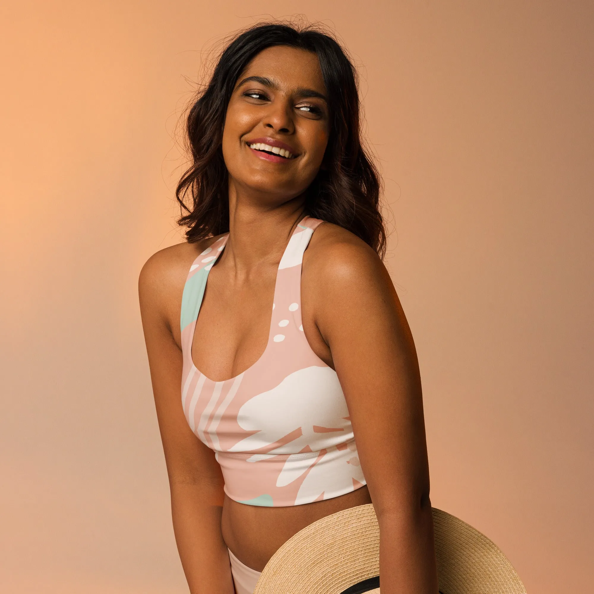 FYD Longline sports bra in peach spring floral