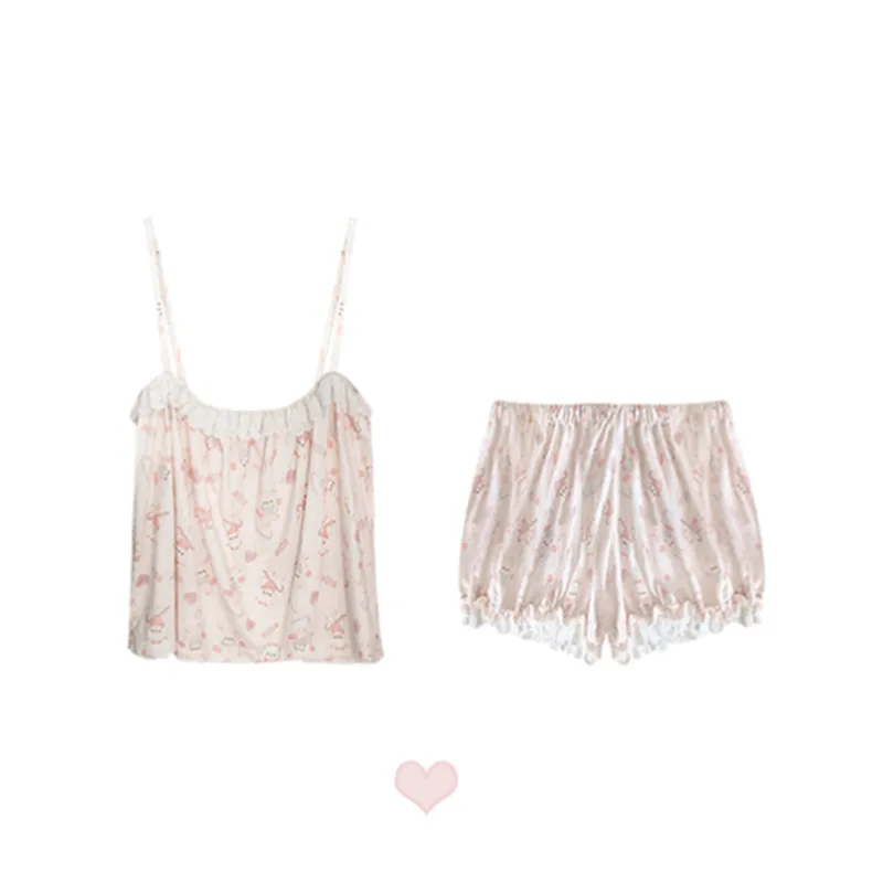 hulianfu Cute Pajama Set Women Cotton Rabbit Homewear Sleeveless Tops Shorts 2 Piece Set Sleepwear Kawaii Clothes Sweet Girls Nightwear