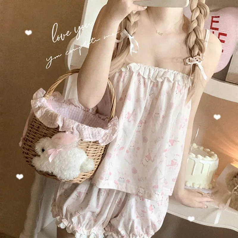 hulianfu Cute Pajama Set Women Cotton Rabbit Homewear Sleeveless Tops Shorts 2 Piece Set Sleepwear Kawaii Clothes Sweet Girls Nightwear