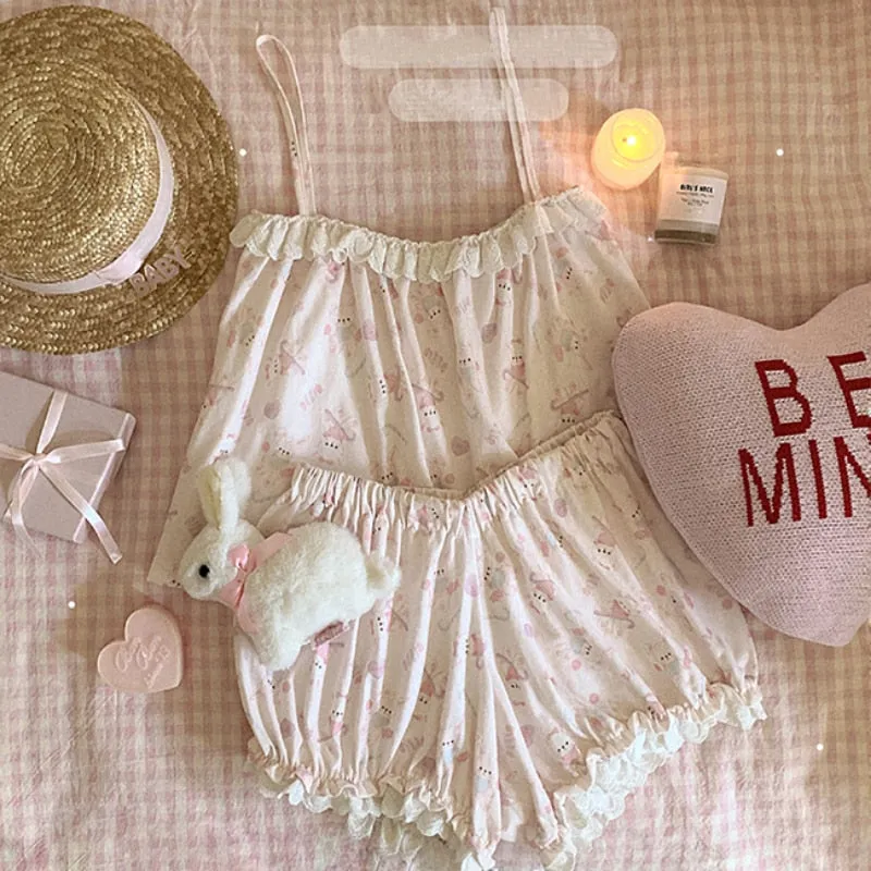 hulianfu Cute Pajama Set Women Cotton Rabbit Homewear Sleeveless Tops Shorts 2 Piece Set Sleepwear Kawaii Clothes Sweet Girls Nightwear