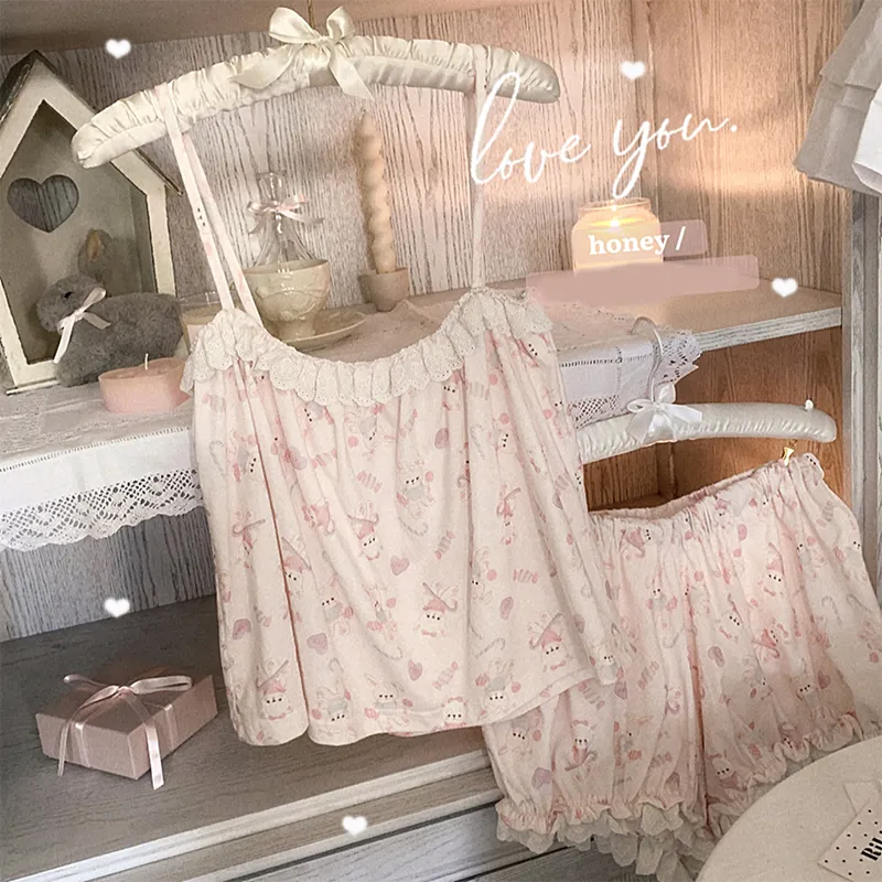hulianfu Cute Pajama Set Women Cotton Rabbit Homewear Sleeveless Tops Shorts 2 Piece Set Sleepwear Kawaii Clothes Sweet Girls Nightwear