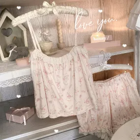 hulianfu Cute Pajama Set Women Cotton Rabbit Homewear Sleeveless Tops Shorts 2 Piece Set Sleepwear Kawaii Clothes Sweet Girls Nightwear