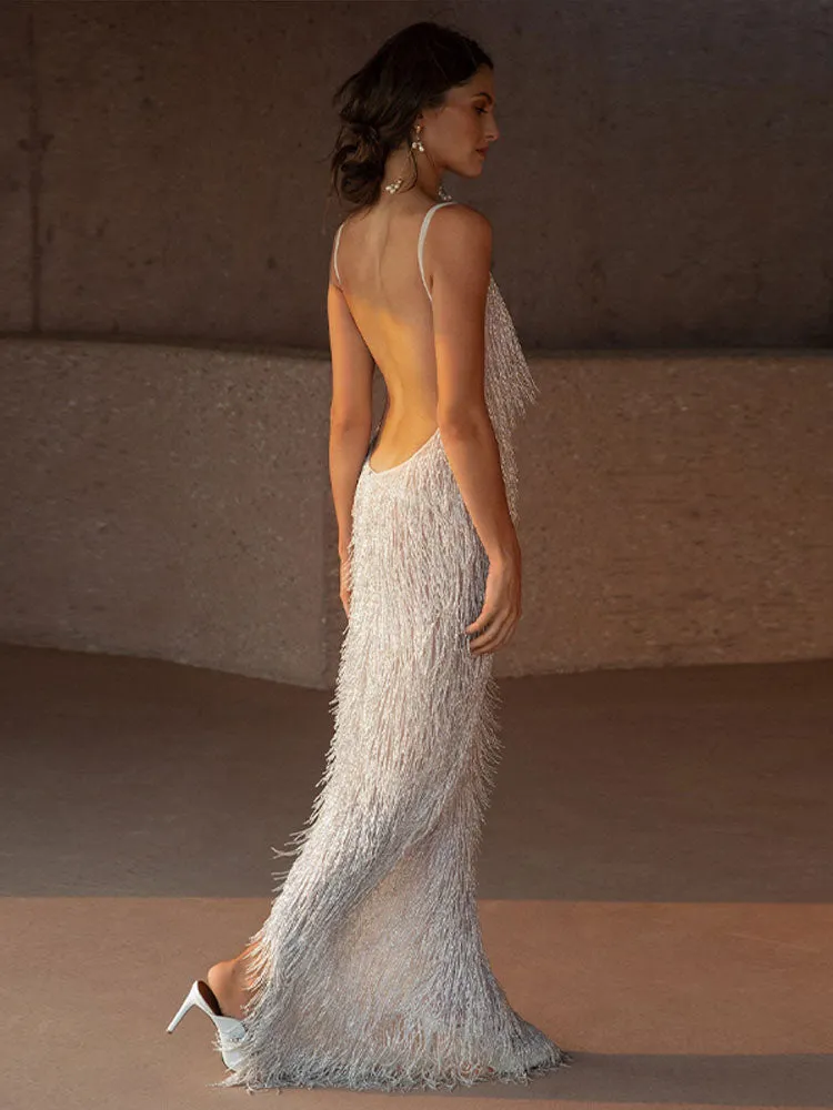 hulianfu Deep V Sling Split Tassel Long Dress Women Sleeveless Floor Length Slim Robes Summer Sexy Lady Backless Evening vestido