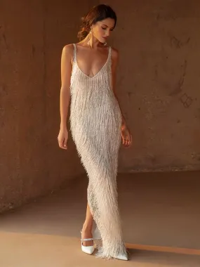 hulianfu Deep V Sling Split Tassel Long Dress Women Sleeveless Floor Length Slim Robes Summer Sexy Lady Backless Evening vestido