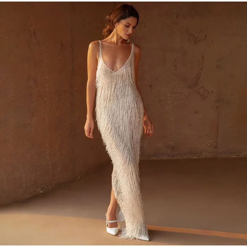 hulianfu Deep V Sling Split Tassel Long Dress Women Sleeveless Floor Length Slim Robes Summer Sexy Lady Backless Evening vestido