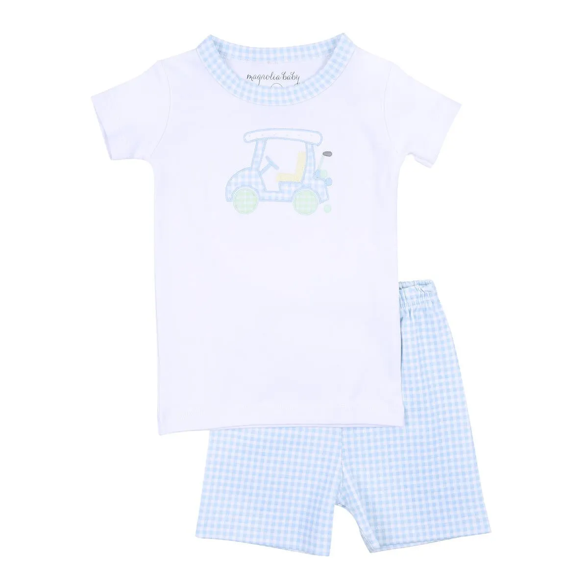 Magnolia Baby Boys Blue Gingham Little Golf Caddie Applique Short Pajamas