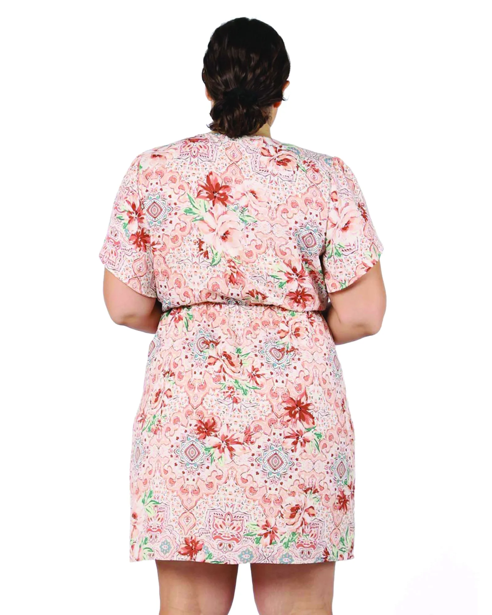 Nefeli Flutter Sleeve Printed Wrap Dress | Ivory / Pink