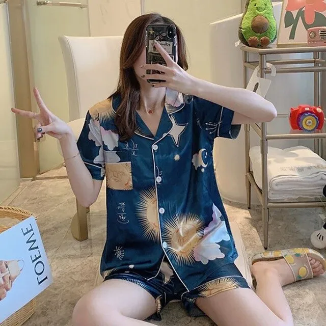 Women Simulation Silk Pajama Set