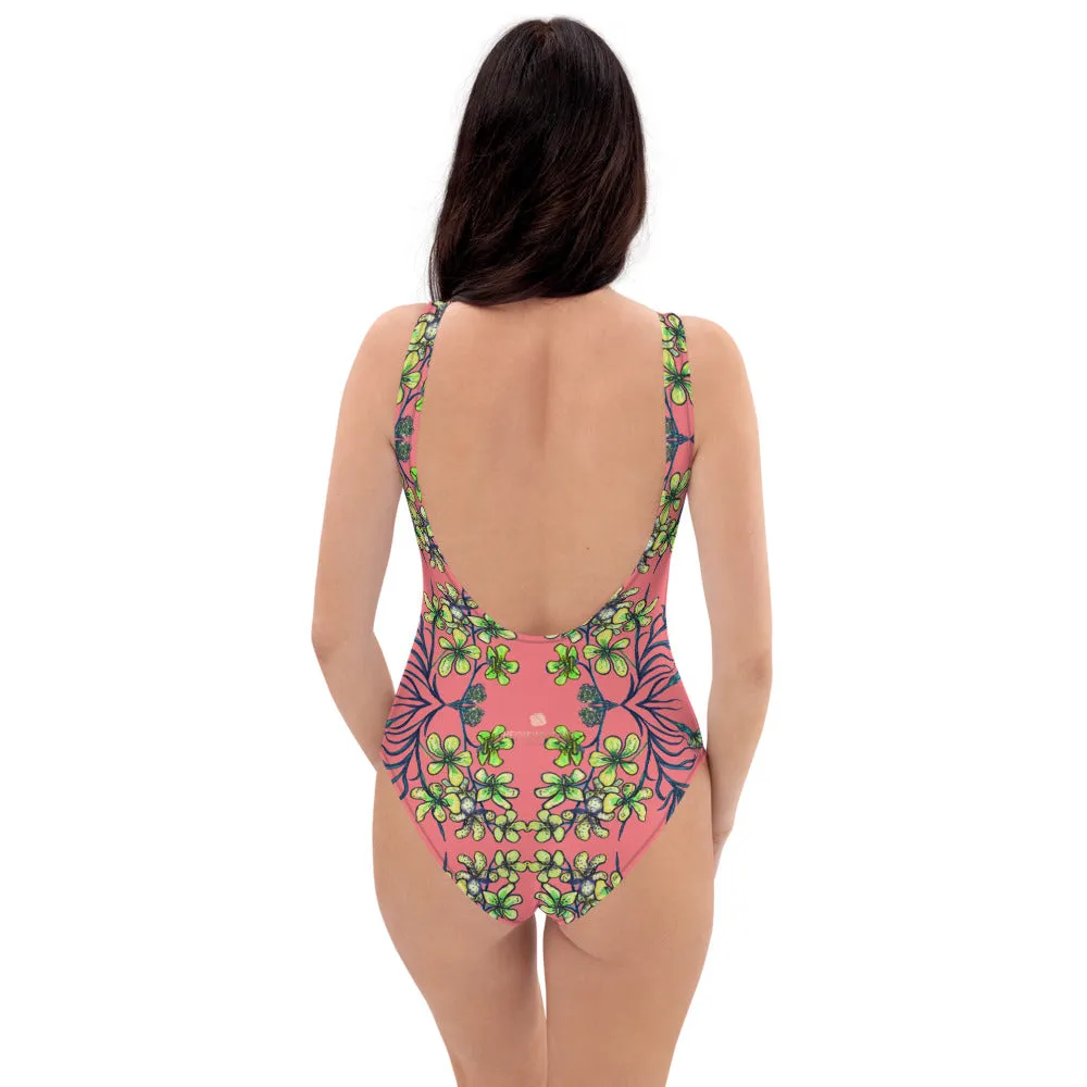 Yellow Orchids Women's Swimwear, Designer Floral Print One-Piece Swimsuit-Made in USA/EU