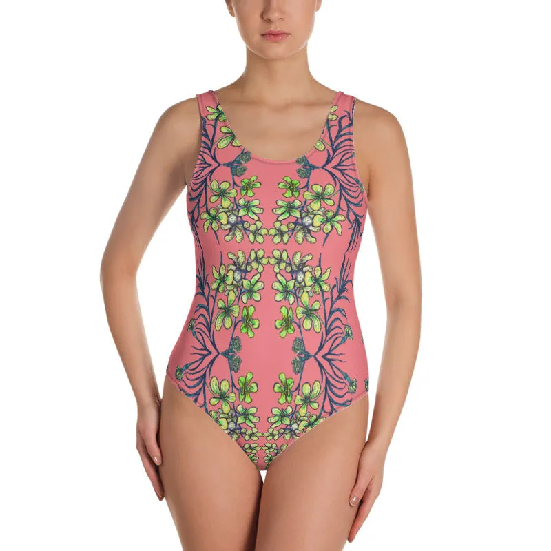Yellow Orchids Women's Swimwear, Designer Floral Print One-Piece Swimsuit-Made in USA/EU